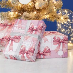 Papel De Regalo Lazo de copos de nieve de cuadros de Navidad rosa