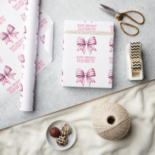 Papel De Regalo Lazo personalizado de acuarela rosa y blanco coste