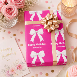 Papel De Regalo Lazo rosa brillante de cumpleaños niña blanca