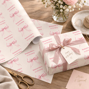 Papel De Regalo Lazo rosa de cumpleaños perlas crema niña