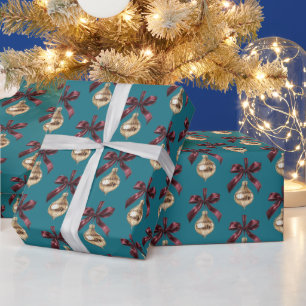 Papel De Regalo Lazo Verde Turquesa Burgundy Dorado Adorno Navidad