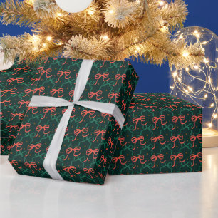 Papel De Regalo Lazos Coquette Rojos y Verdes Festivos Patrón