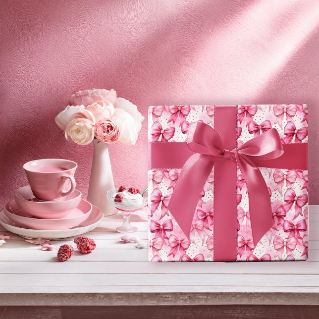 Papel De Regalo Lazos de Coqueta Rosa Elegantes y Caprichosos (Elegant and Whimsical Pink Coquette Bows and Ribbons with Pink Polka Dots Wrapping Paper)