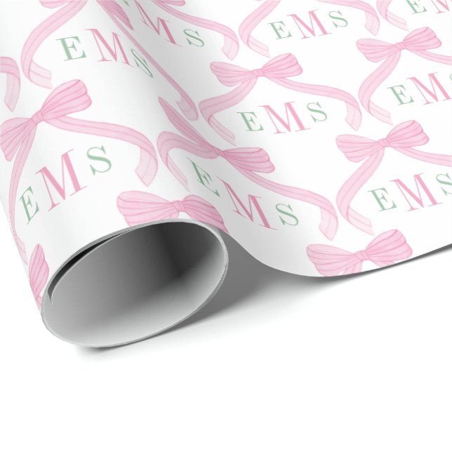 Papel De Regalo Lazos de monograma rosa y verde para niña (Esquina del rollo)