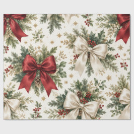 Papel De Regalo Lazos florales vintage de Navidad rojos y blancos