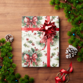 Papel De Regalo Lazos Rojos y Hojas de Acebo