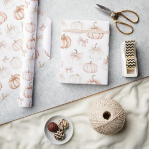 Papel De Regalo Lazos rosados de otoño Calabazas blancas naranjas