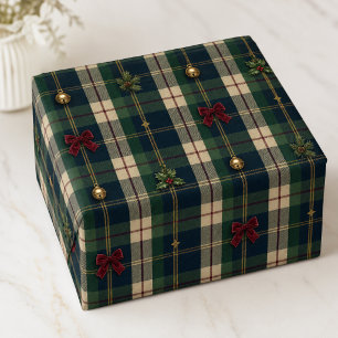 Papel De Regalo Lazos y campanas de Navidad de Tartán Verde Marina