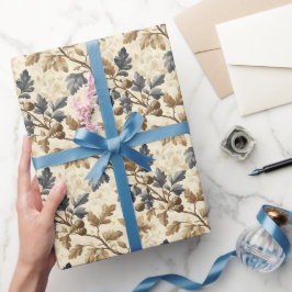 Papel De Regalo Leaf de roble vintage | Elegante azul y oro