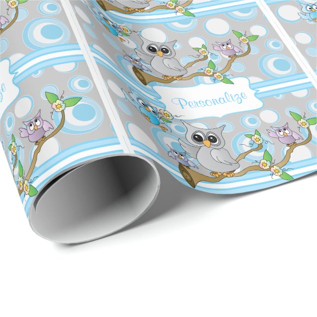 Papel De Regalo Lechuza azul y gris | Tema de ducha (Esquina del rollo)