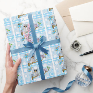 Papel De Regalo Lechuza Bebé Azul   Tema de ducha