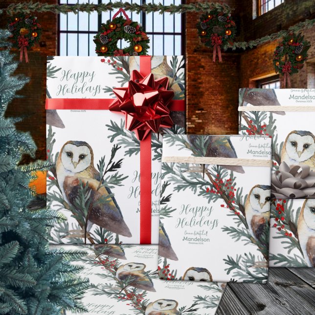 Papel De Regalo Lechuza De Barn En Los Bosques Añadir Nombre Felic (Barn Owl In The Woods Add Name Happy Holidays Christmas Wrapping Paper Rolls)