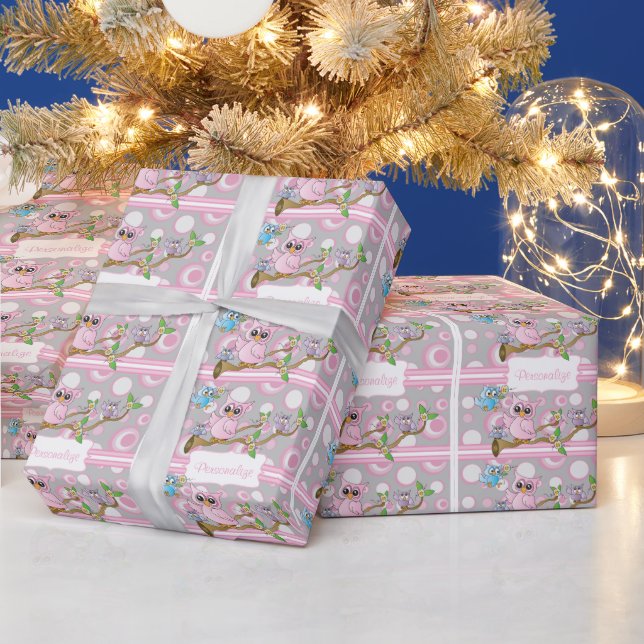 Papel De Regalo Lechuza rosa y gris | Temática de ducha (Vacaciones)