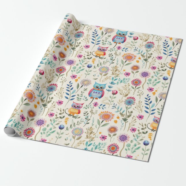 Papel De Regalo Lechuzas cutas en florals (Desenrollado)