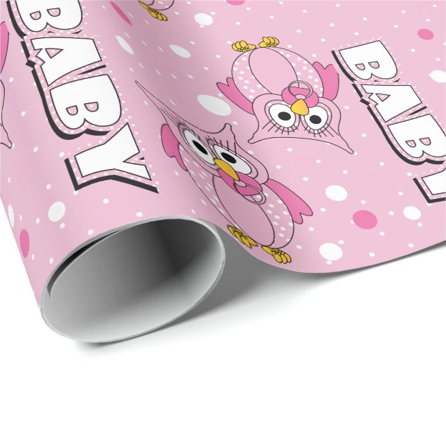 Papel De Regalo Lechuzas de polka de bebé rosa ligero (Esquina del rollo)