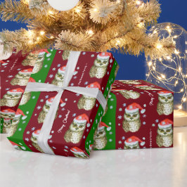 Papel De Regalo Lechuzas en el patrón de Navidades Santa Hats, roj