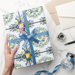 Papel De Regalo Lemon Italiana Tile Azul y Floral Blanco