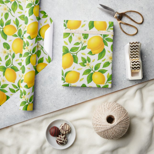 Papel De Regalo Lemones acuarelas y flores - Citrus fresco (Artesanía)