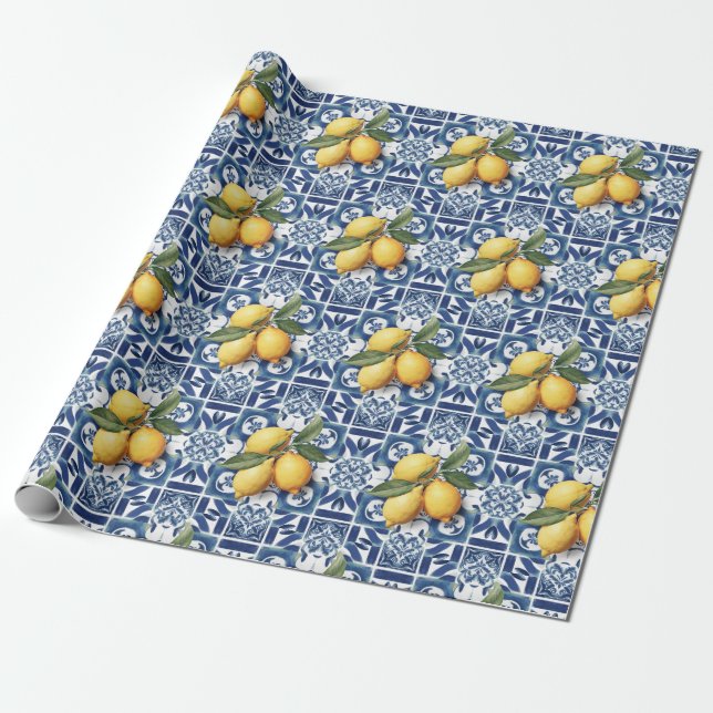 Papel De Regalo Lemones de azulejos azules de Amalfi (Desenrollado)