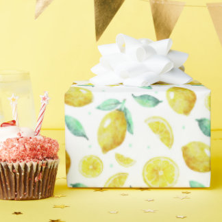 Papel De Regalo Lemones y hojas de acuarela sobre fondo blanco