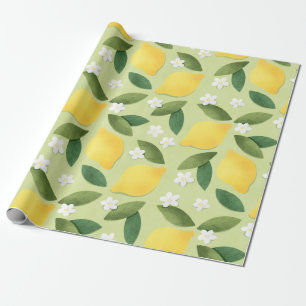 Papel De Regalo Lemons ans White Flowers on Green Background