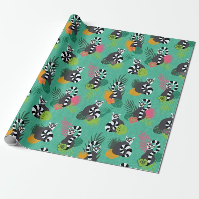 Papel De Regalo Lemurs tropicales - Aquamarina (Desenrollado)