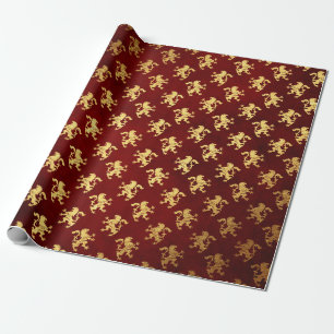 Papel De Regalo León Heráldico Real Terciopelo Rojo Dorado