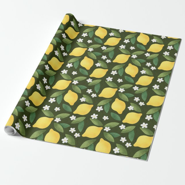 Papel De Regalo Leones amarillas, hojas verdes y flores blancas (Desenrollado)