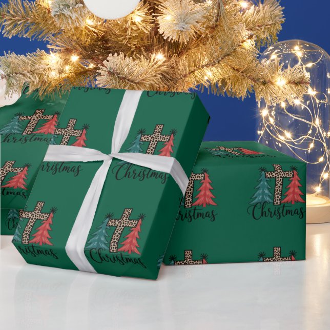 Papel De Regalo Leopard Cross Christmas Trees Christian (Vacaciones)