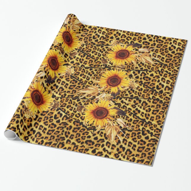 PAPEL DE REGALO LEOPARD IMPRESO FUR RIBBON Y SUFLORES (Desenrollado)