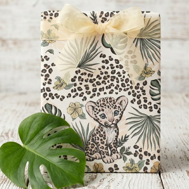Papel De Regalo Leopard Safari Kids Floral Jungle Pattern (Cute Baby Leopard Cub Animal Print Yellow Gender Neutral Wrapping Paper. Kids Jungle Safari Birthday)