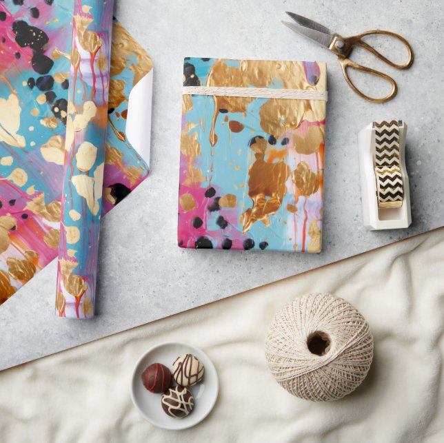 Papel De Regalo Leopardo abstracto dorado de Aqua Pink (Artesanía)