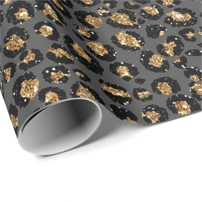 Papel De Regalo Leopardo Animal White Gold Black Gray African Lux (Esquina del rollo)