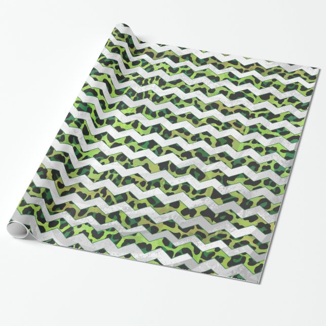 Papel De Regalo Leopardo Chevron Impresión negra y verde (Desenrollado)