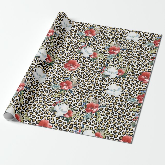 Papel De Regalo Leopardo dorado impreso rojo blanco floral (Desenrollado)
