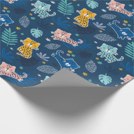 Papel De Regalo Leopardo lindo con hojas de selva azul
