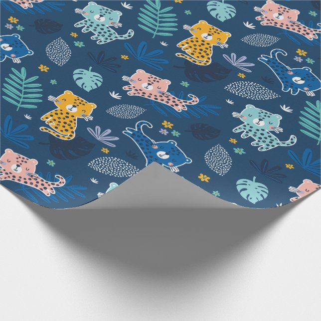 Papel De Regalo Leopardo lindo con hojas de selva azul (Esquina)