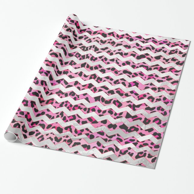Papel De Regalo Leopardo Negro y Chevron Hot Pink Print (Desenrollado)