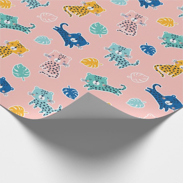 Papel De Regalo Leopardos con hojas de jungla sobre rosado (Esquina)