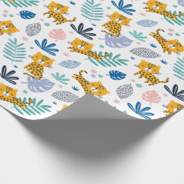 Papel De Regalo Leopardos mudos con hojas de jungla blanco