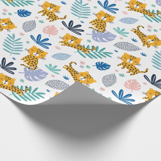 Papel De Regalo Leopardos mudos con hojas de jungla blanco (Esquina)