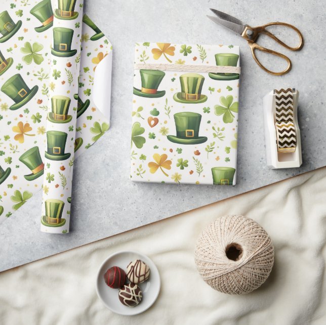 Papel De Regalo Leprechauns gorra afortunado y hojas de trébol, (Artesanía)