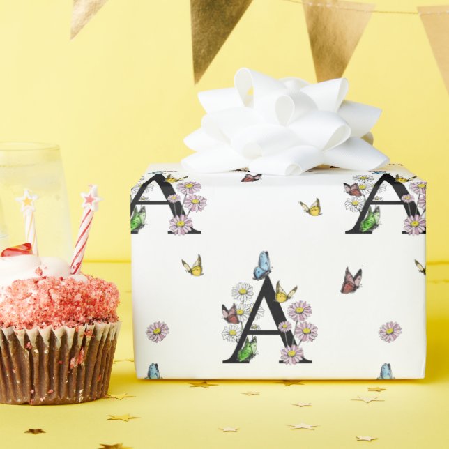 Papel De Regalo Letra A Monograma de Mariposa Floral (Fiesta de cumpleaños )