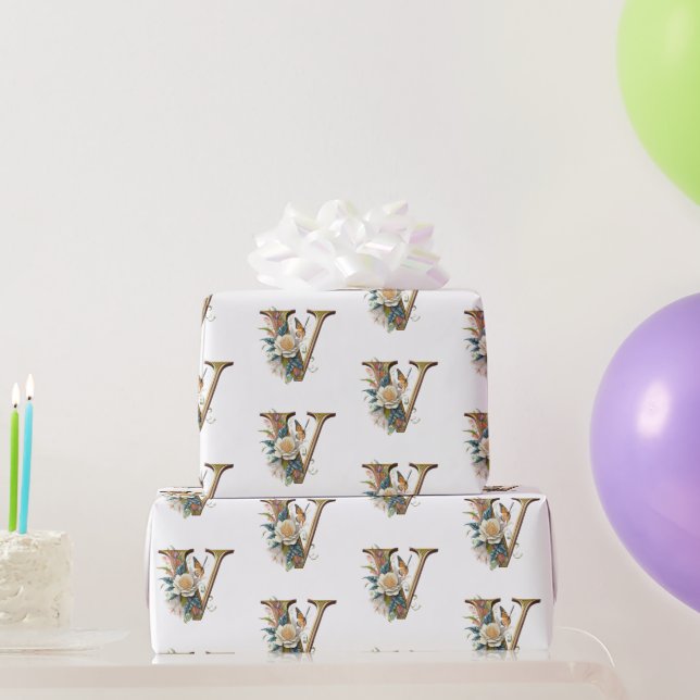 Papel De Regalo Letra bohemia floral elegante V (Regalos de fiesta)