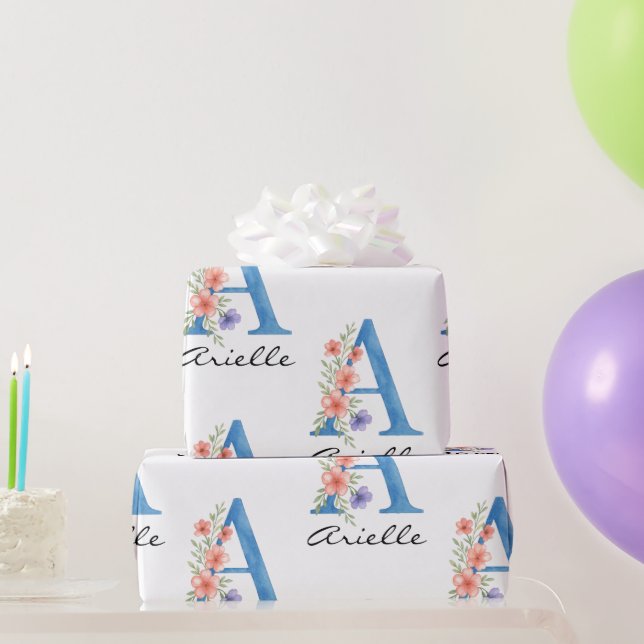 Papel De Regalo Letra floral acuarela personalizada monograma (Regalos de fiesta)