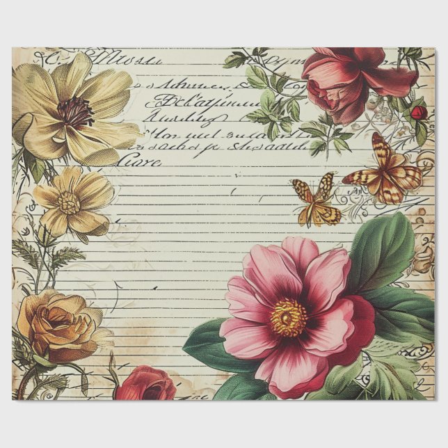 Papel De Regalo Letras de flor de diario basura antiguas (Superficie plana)