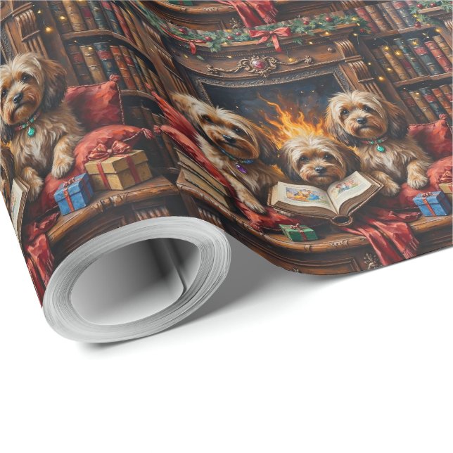 Papel De Regalo Lhasa Apso Christmas Bookshelf Nook Holiday (Esquina del rollo)