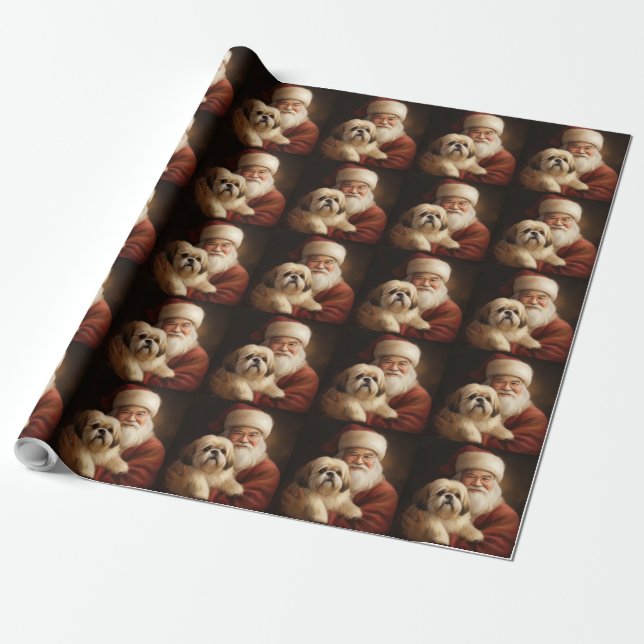 Papel De Regalo Lhasa Apso Con Navidades Festividades De Santa Cla (Desenrollado)