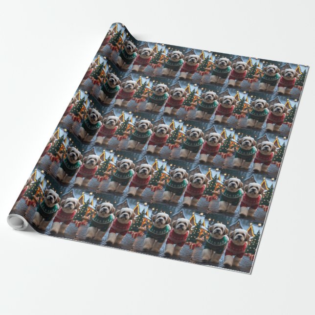 Papel De Regalo Lhasa Apso Dogs Christmas Snow Holiday (Desenrollado)