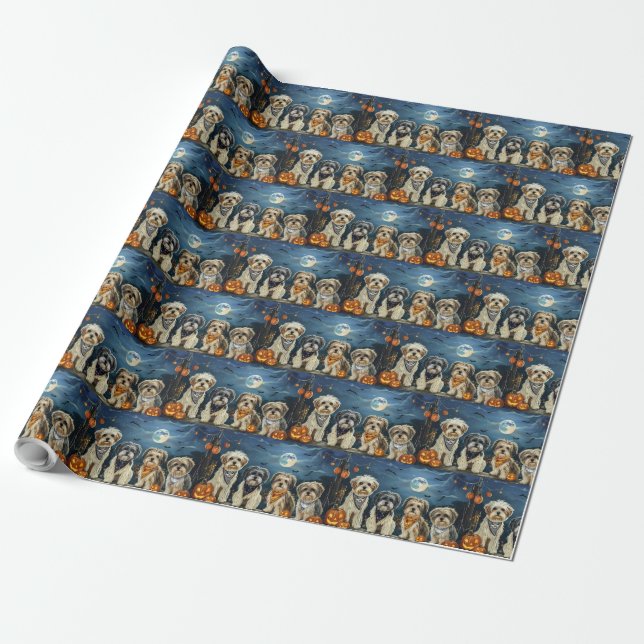 Papel De Regalo Lhasa Apso Halloween Espeluznante (Desenrollado)
